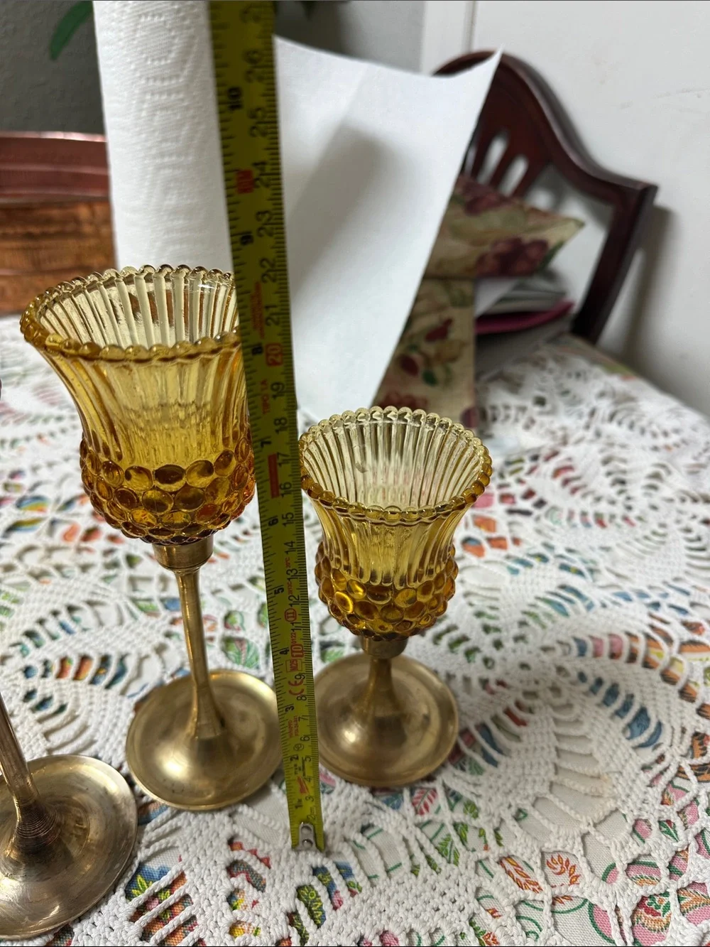 Amber Glass and Brass Candle Holders Set - Elegant Home Accents